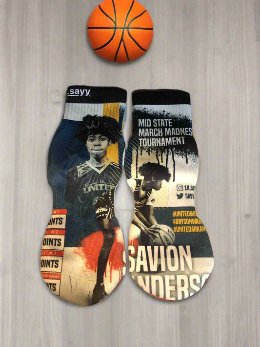 Socks with a graphic design of a person and text 
