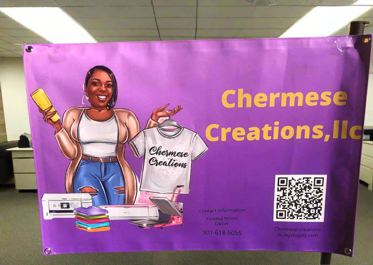 Purple banner with illustration of a person holding a shirt and a phone, and 'Chermese Creations, llc' text.